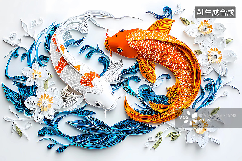 【AI数字艺术】纸雕、剪纸风格、喜庆祝福鲤鱼图图片素材