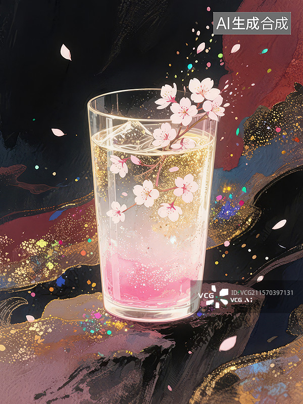 【AI数字艺术】樱花飘落的饮品图片素材