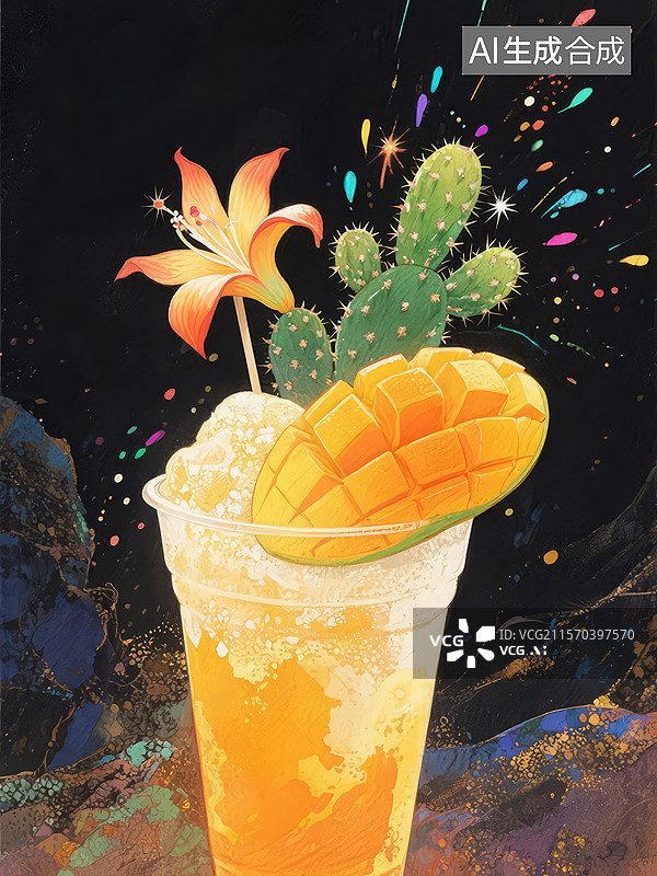 【AI数字艺术】芒果冰沙配仙人掌和花朵装饰图片素材