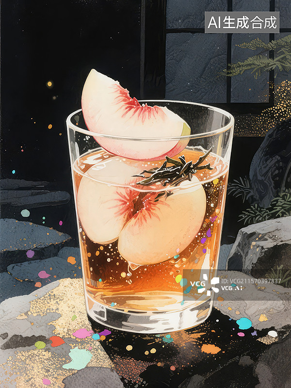 【AI数字艺术】桃片装饰的鸡尾酒图片素材