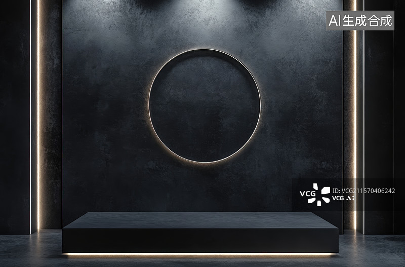 【AI数字艺术】发光圆形灯黑色科技室内空间建筑结构产品展示平台背景图片素材