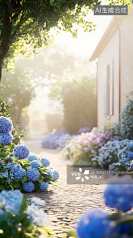 【AI数字艺术】AIGC：唯美夏日私家花园，盛开的蓝色绣球花，自然风光，背景壁纸图片素材