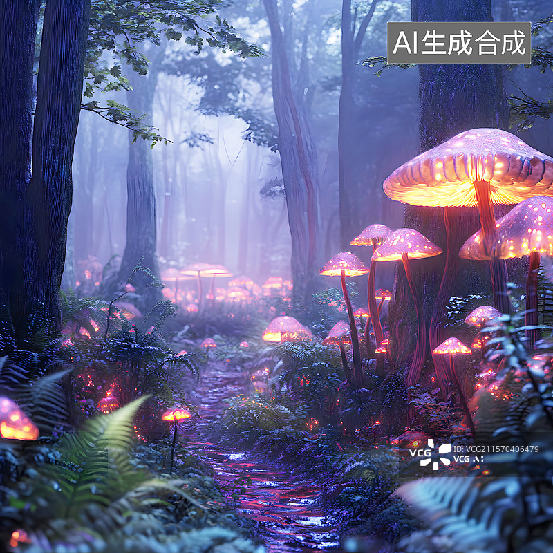 【AI数字艺术】AIGC：热带雨林中生长的蘑菇，梦幻童话故事背景图片素材