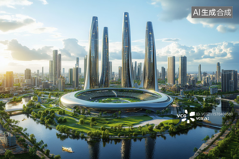 【AI数字艺术】未来城市，高楼建筑，园林式城市图片素材