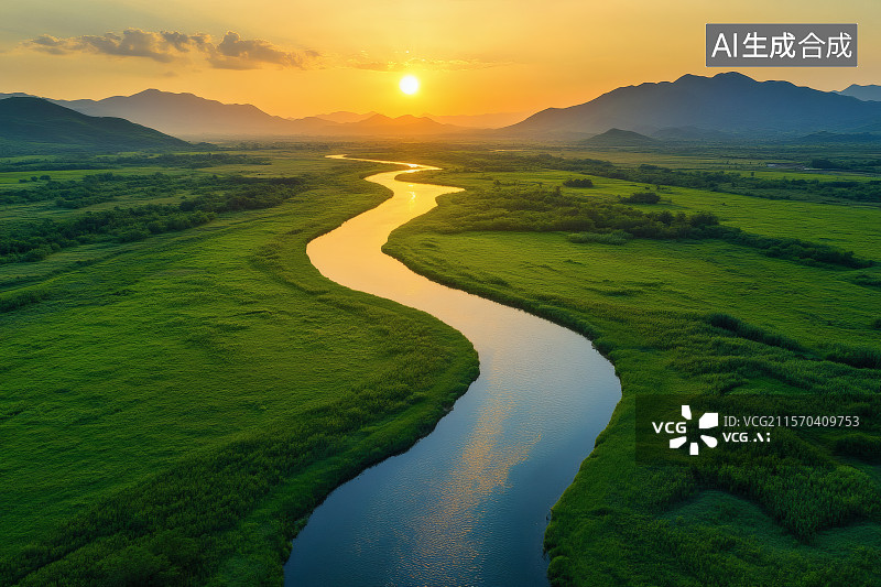 【AI数字艺术】一条蜿蜒的河流，两岸的草原牧场图片素材