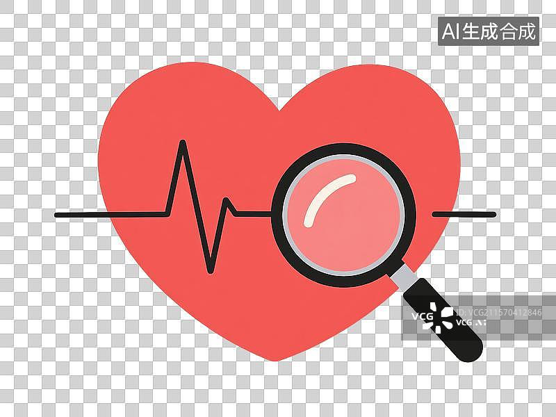 【AI数字艺术】简约扁平风格的红心心电图放大镜漫画图片素材
