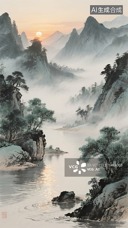 【AI数字艺术】水墨夕阳山色图片素材