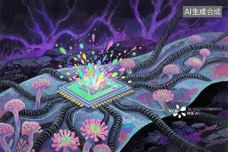 【AI数字艺术】芯片与神经网络的奇幻融合图片素材