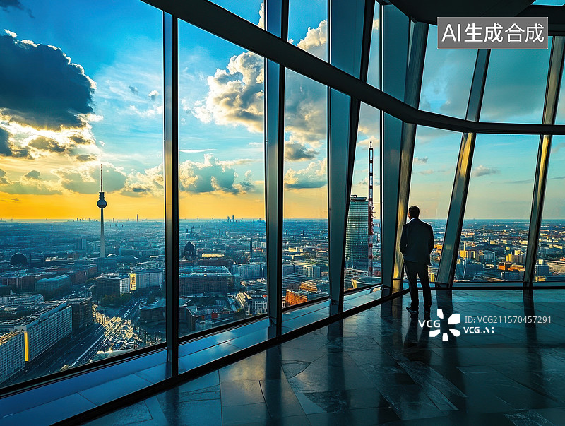【AI数字艺术】高楼观景台上的沉思者图片素材
