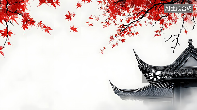 【AI数字艺术】秋天的红叶与徽派建筑图片素材