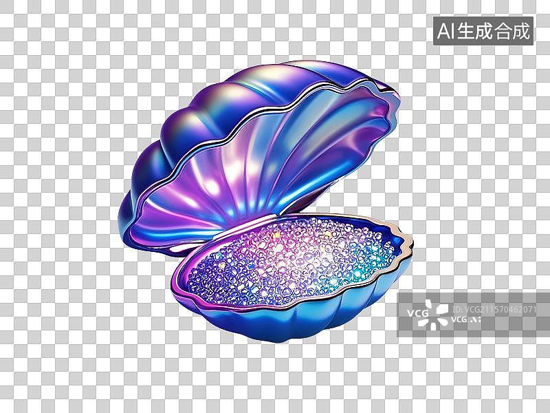 【AI数字艺术】3D渲染，炫彩激光镭射酸性金属质感，可爱的卡通贝壳，扇贝，海洋动物免抠元素图片素材