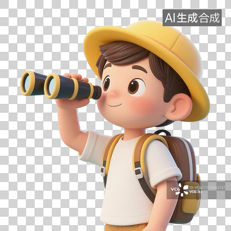 【AI数字艺术】3D渲染卡通人物，拿着望远镜正在进行户外探险的儿童，免抠元素图片素材