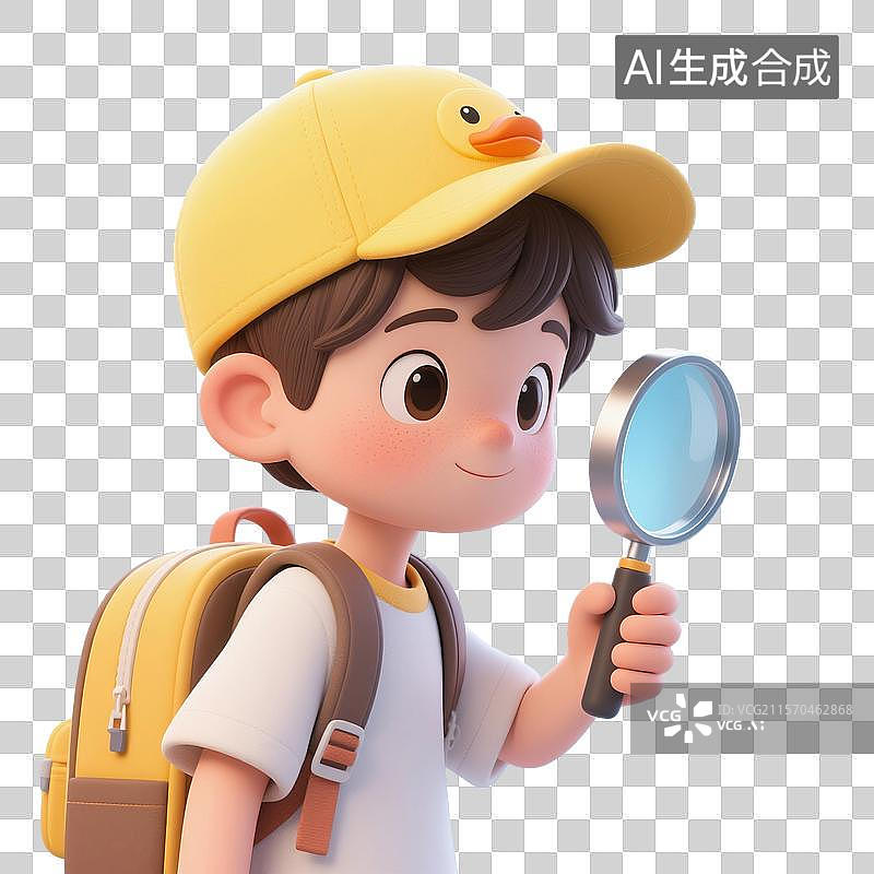 【AI数字艺术】3D渲染卡通人物，拿着放大镜正在进行户外探险的儿童，免抠元素图片素材
