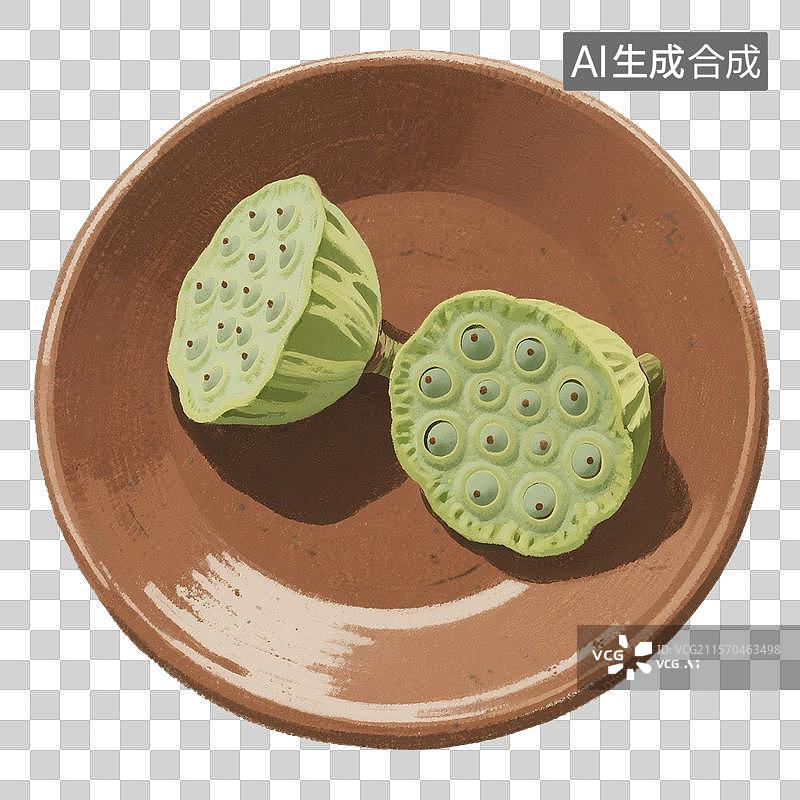 【AI数字艺术】手绘插画，国风元素，盘子里放着两个莲蓬，文房清供，中式夏天植物免抠元素图片素材