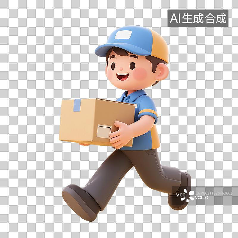 【AI数字艺术】3D渲染卡通人物，拿着纸板箱的快递员的形象，物流，快递，仓储，货运，劳动节，免抠元素图片素材