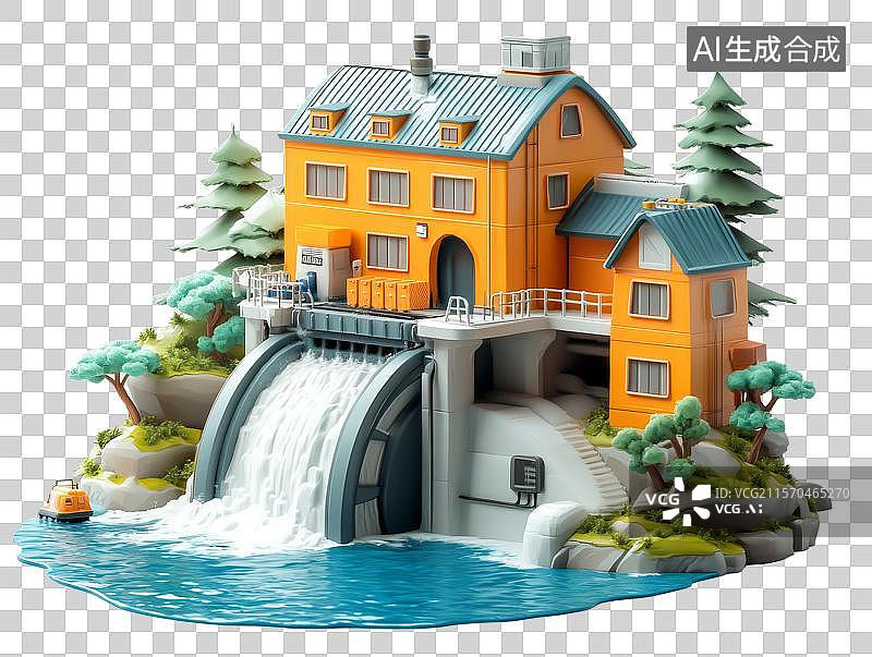 【AI数字艺术】水磨坊与瀑布景观图片素材