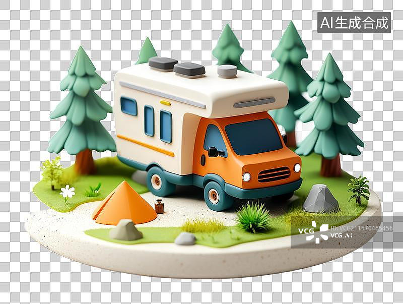 【AI数字艺术】露营车与帐篷的森林场景图片素材