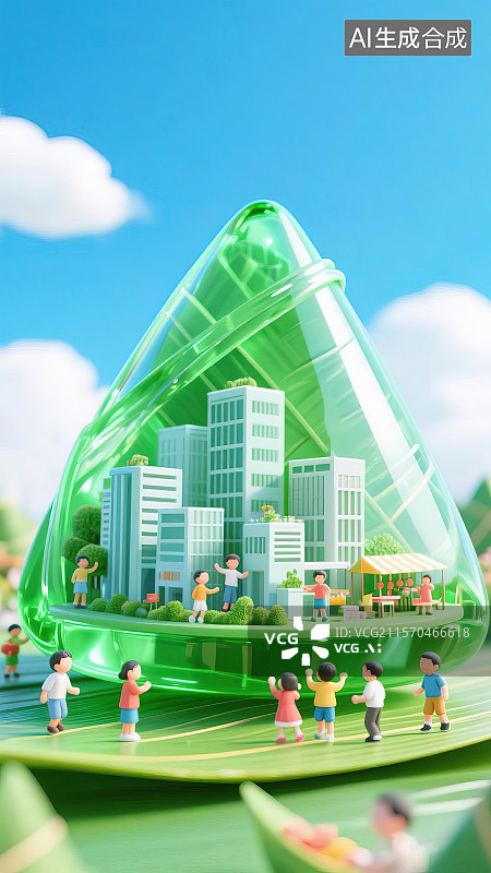 【AI数字艺术】端午节儿童节传统节日庆祝户外活动蓝天白云 粽子叶半透明玻璃质感晶莹剔透巨型大粽子市集微缩景观创意场景图片素材