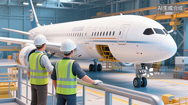 【AI数字艺术】3D，工程师，飞机制造，厂房，插画图片素材