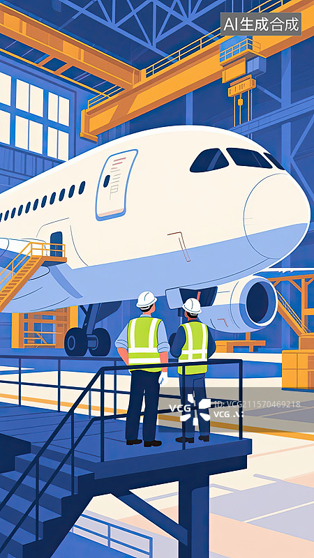 【AI数字艺术】3D，工程师，飞机制造，厂房，插画图片素材