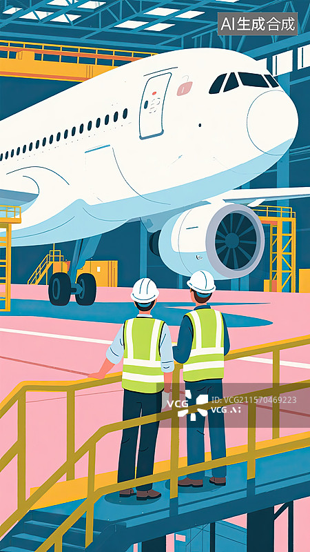 【AI数字艺术】3D，工程师，飞机制造，厂房，插画图片素材