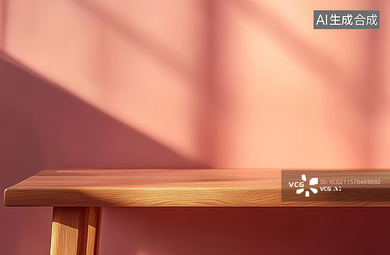 【AI数字艺术】木质桌面与粉红色墙的光影效果图片素材