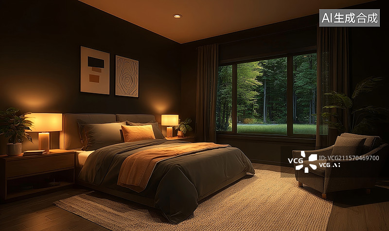 【AI数字艺术】温馨现代卧室，窗外绿意盎然图片素材