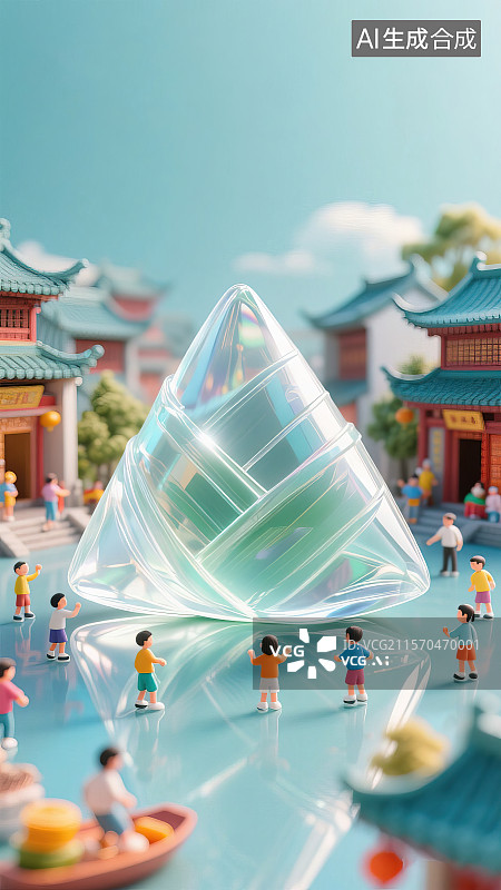【AI数字艺术】端午节儿童节小孩和朋友们围绕半透明酸性质感巨型大粽子游乐玩耍 古代建筑城市街道场景创意微缩景观背景图片素材