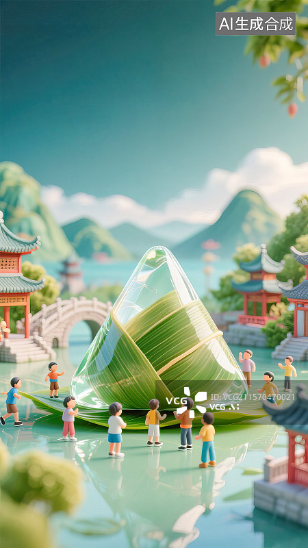【AI数字艺术】端午节儿童节小孩和朋友们围绕半透明酸性质感巨型大粽子游乐玩耍古风山水园林场景创意微缩景观背景小桥流水图片素材