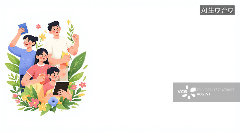 【AI数字艺术】青年节四人学习场景插画2D卡通居左图片素材