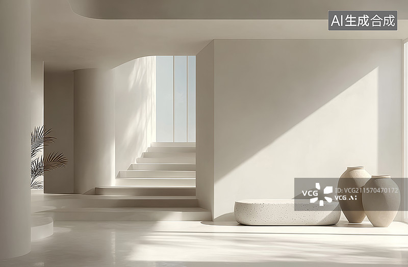 【AI数字艺术】现代简约室内设计，光影交错的台阶图片素材