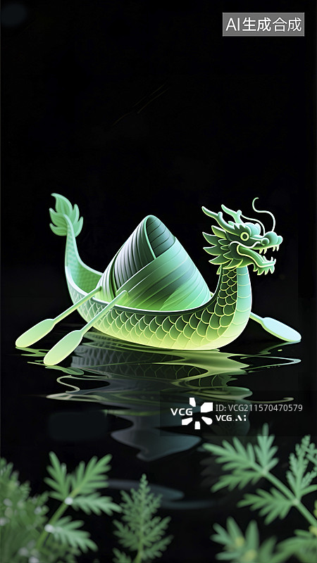 【AI数字艺术】绿色龙舟造型的粽子摆件图片素材