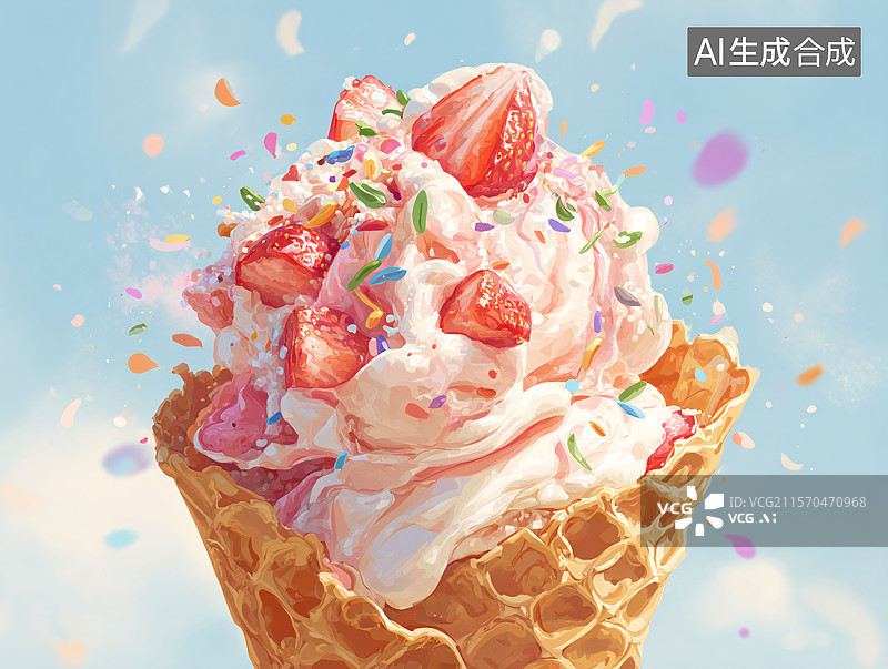 【AI数字艺术】草莓甜筒冰淇淋图片素材