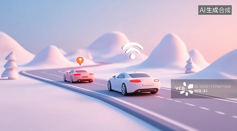 【AI数字艺术】智能汽车在雪地公路上行驶图片素材