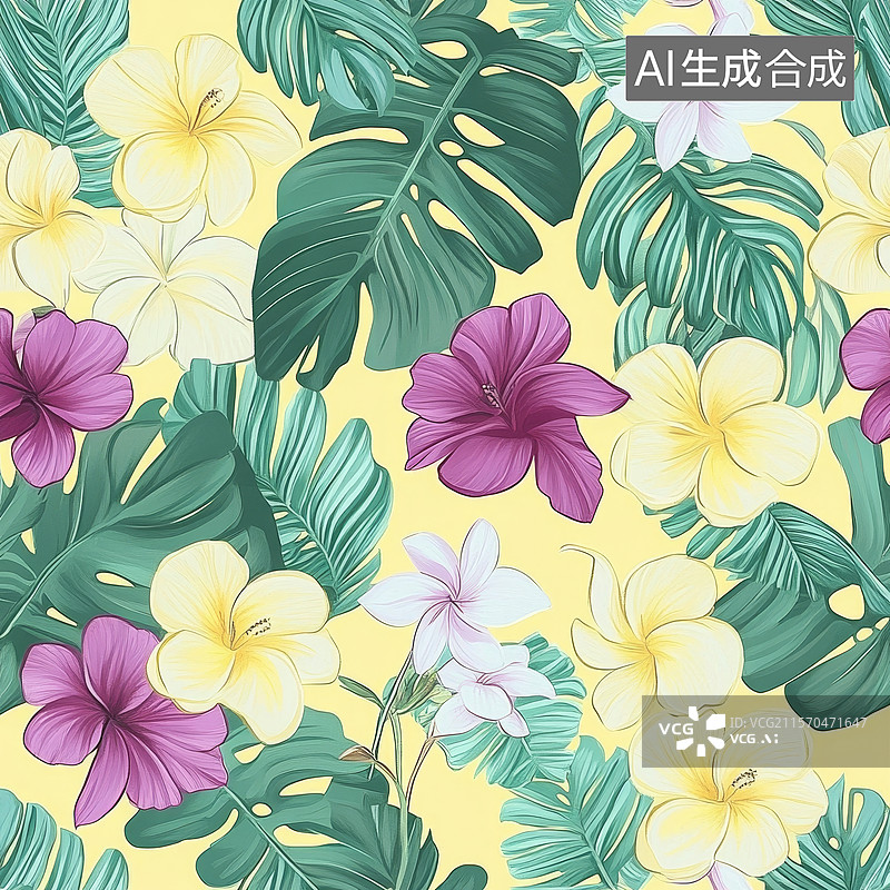 【AI数字艺术】热带花卉与绿叶图案背景图片素材