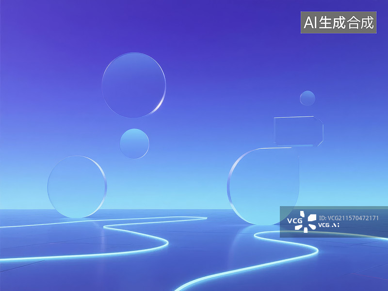 【AI数字艺术】蓝色渐变背景下的透明球体与线条图片素材