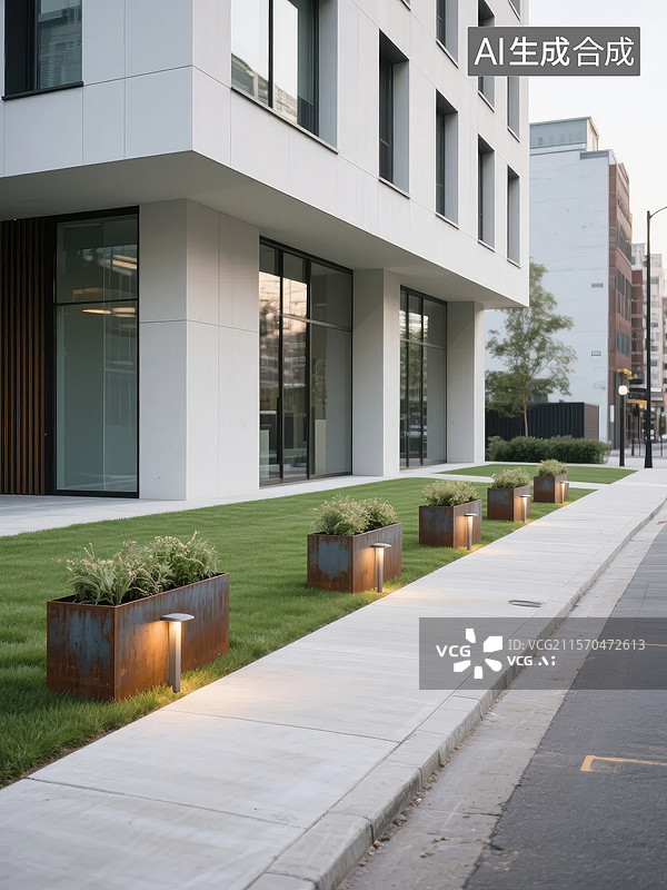 【AI数字艺术】现代建筑前的绿化带与灯光装饰图片素材