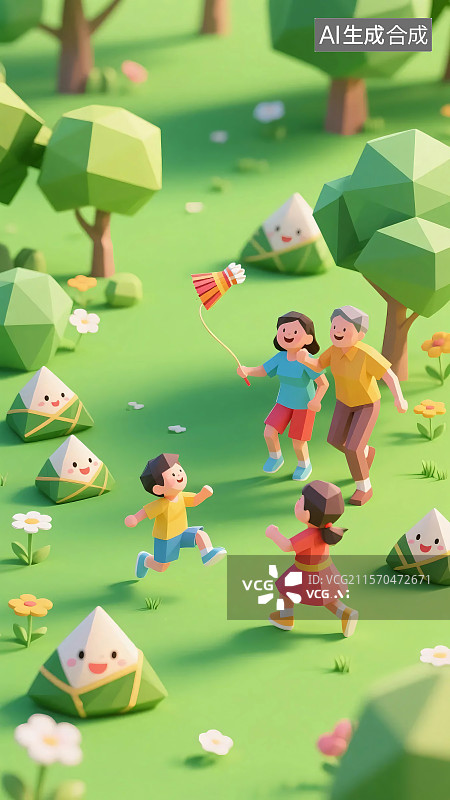 【AI数字艺术】端午与儿童节结合场景，家庭草地放风筝，洋溢欢乐温馨氛围 。图片素材