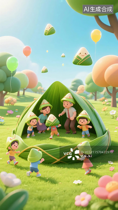 【AI数字艺术】端午与儿童节结合画面，粽形建筑下老少欢聚，满溢欢乐温馨氛围 。图片素材