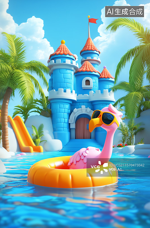 【AI数字艺术】粉色火烈鸟浮圈漂浮在蓝色城堡泳池图片素材