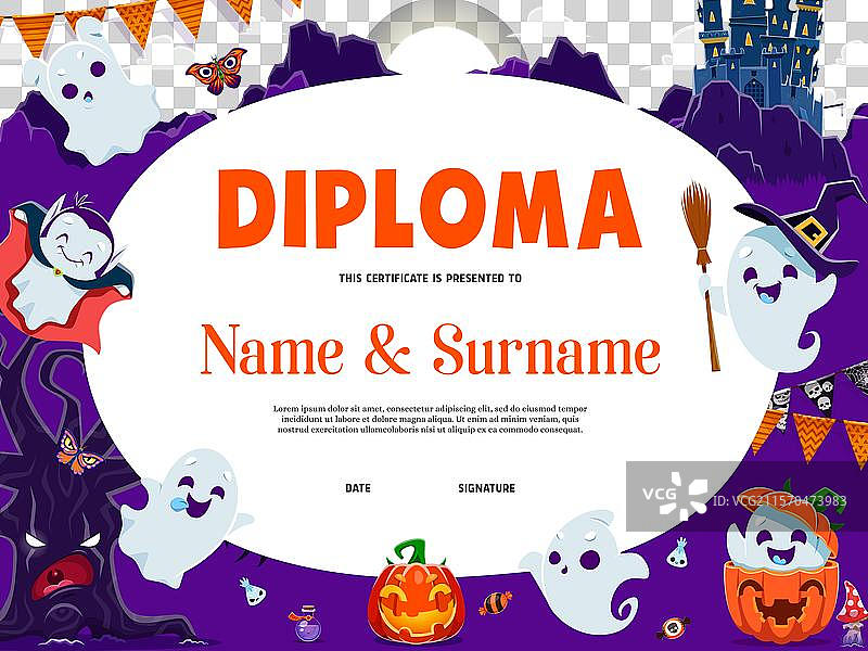 万圣节可爱的鬼魂角色儿童文凭图片素材