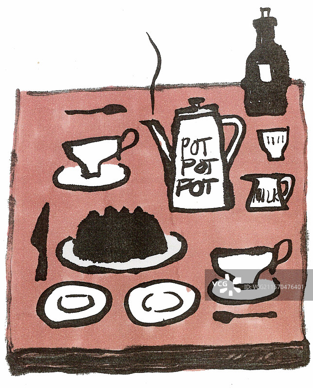 巧克力布丁和茶具图片素材