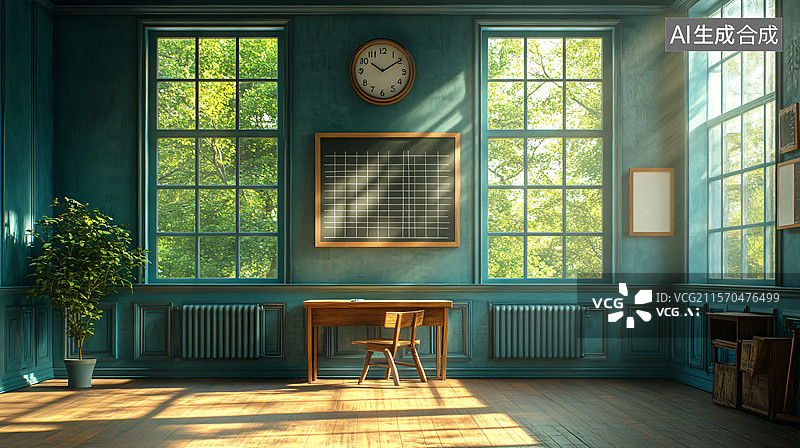 【AI数字艺术】绿墙教室光影景致图图片素材