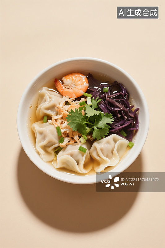 【AI数字艺术】一碗薄皮小馄饨，里面有虾皮，紫菜，葱花 香菜 ，几滴香油图片素材