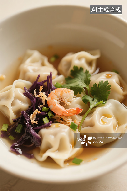 【AI数字艺术】一碗薄皮小馄饨，里面有虾皮，紫菜，葱花 香菜 ，几滴香油图片素材
