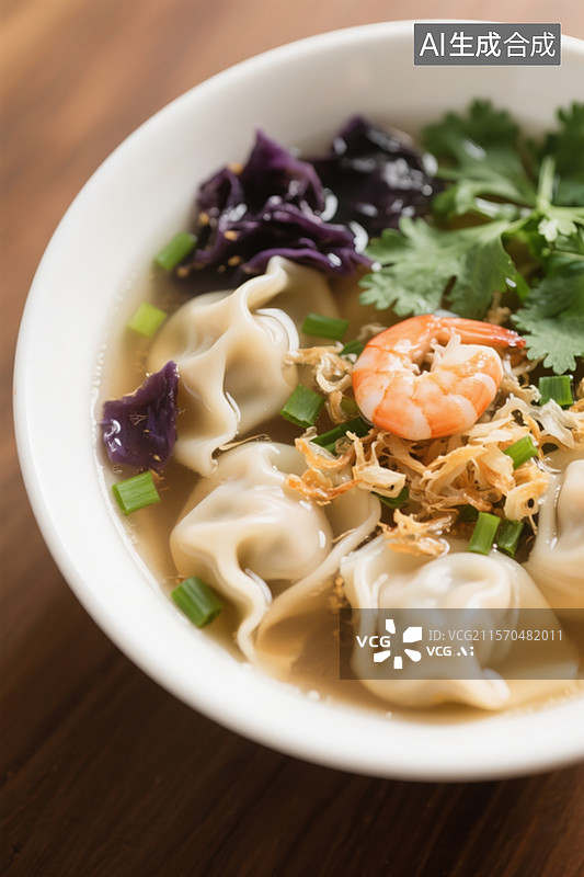 【AI数字艺术】一碗薄皮小馄饨，里面有虾皮，紫菜，葱花 香菜 ，几滴香油图片素材