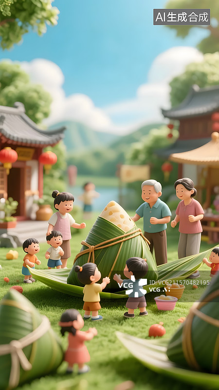 【AI数字艺术】端午与儿童节3D卡通小朋友欢乐玩耍场景图片素材