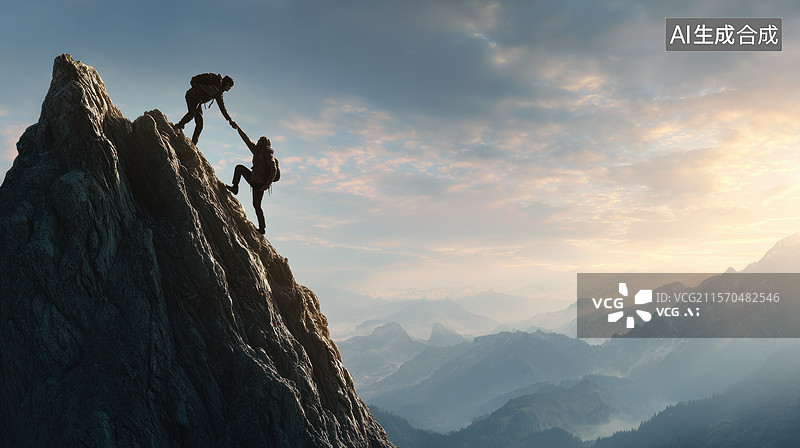 【AI数字艺术】登山者在山顶互相帮助图片素材