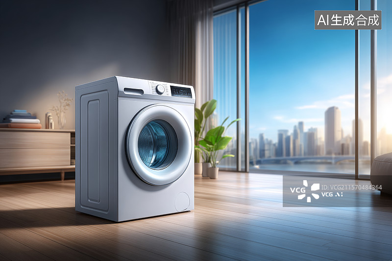 【AI数字艺术】窗边的洗衣机与城市景观图片素材