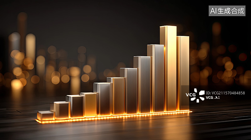 【AI数字艺术】金色柱状图与城市夜景图片素材